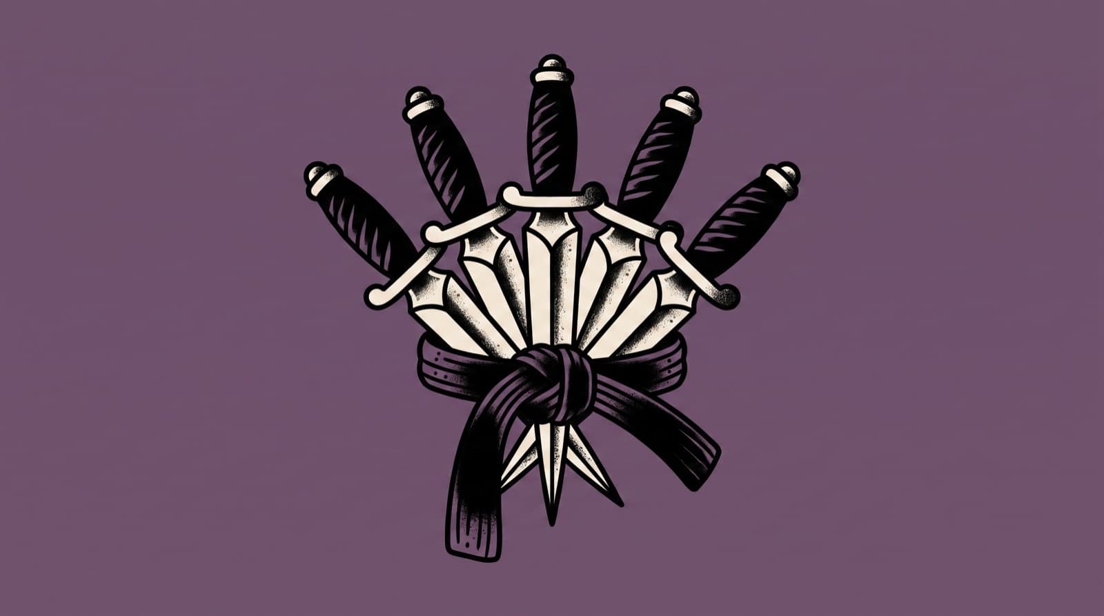 American traditional tattoo illustration of five cream daggers bound by a knotted black belt on a muted plum field