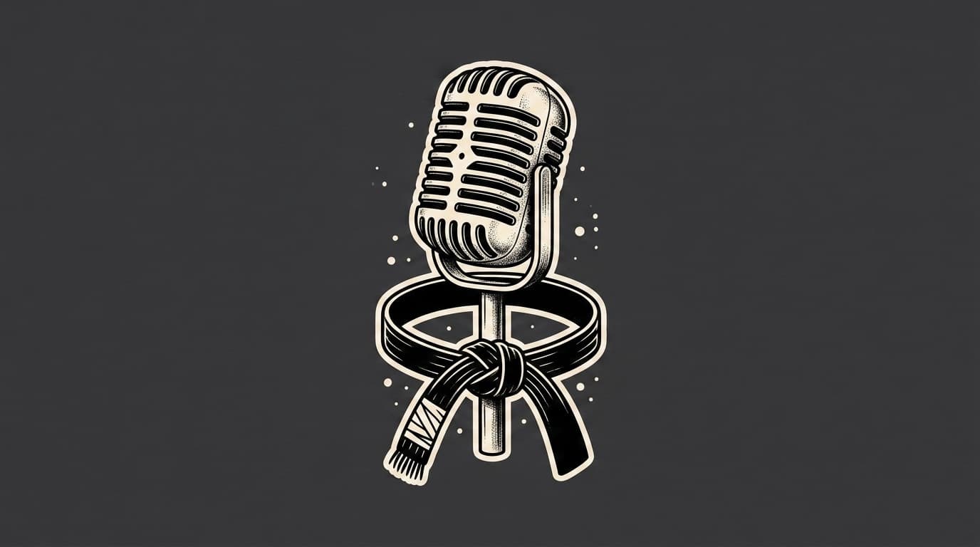 American traditional tattoo illustration of a cream broadcast microphone hanging in a suspension ring, with a black belt knotted around it, on a deep charcoal field