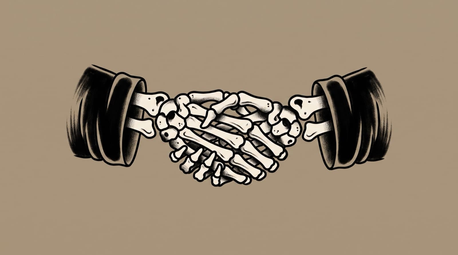 American traditional tattoo illustration of two skeletal hands clasped in a handshake with black gi cuffs on a warm stone field