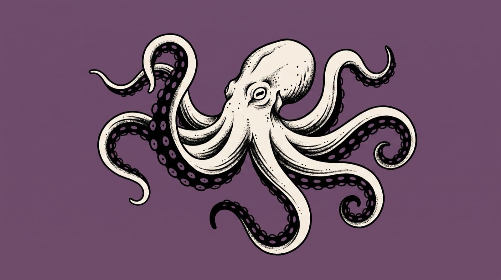 American traditional tattoo illustration of a cream octopus with arms fanning in every direction on a muted plum field