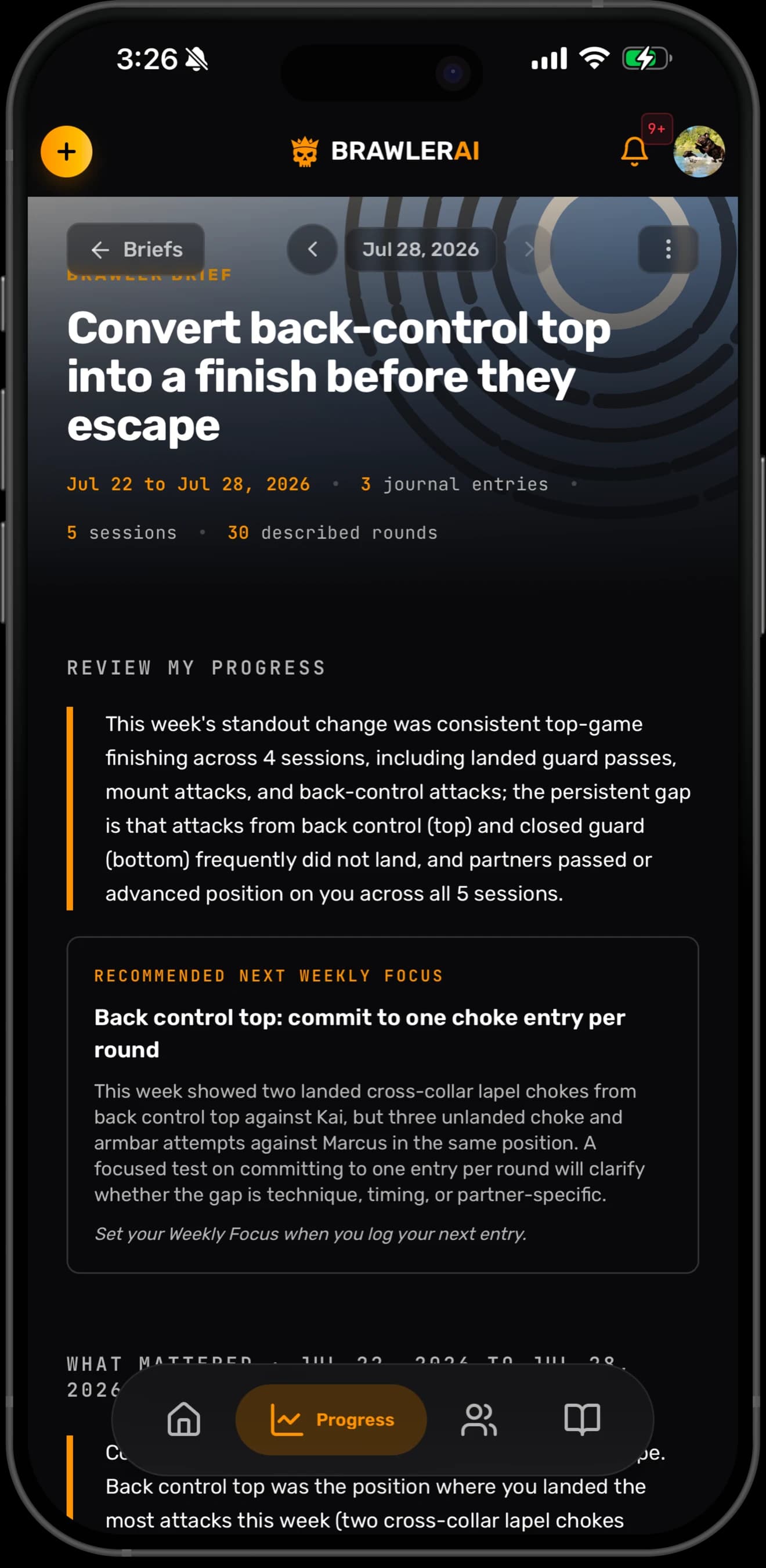 A Brawler Brief headlined "Convert back control top into a finish before they escape", with a progress review and a recommended next weekly focus