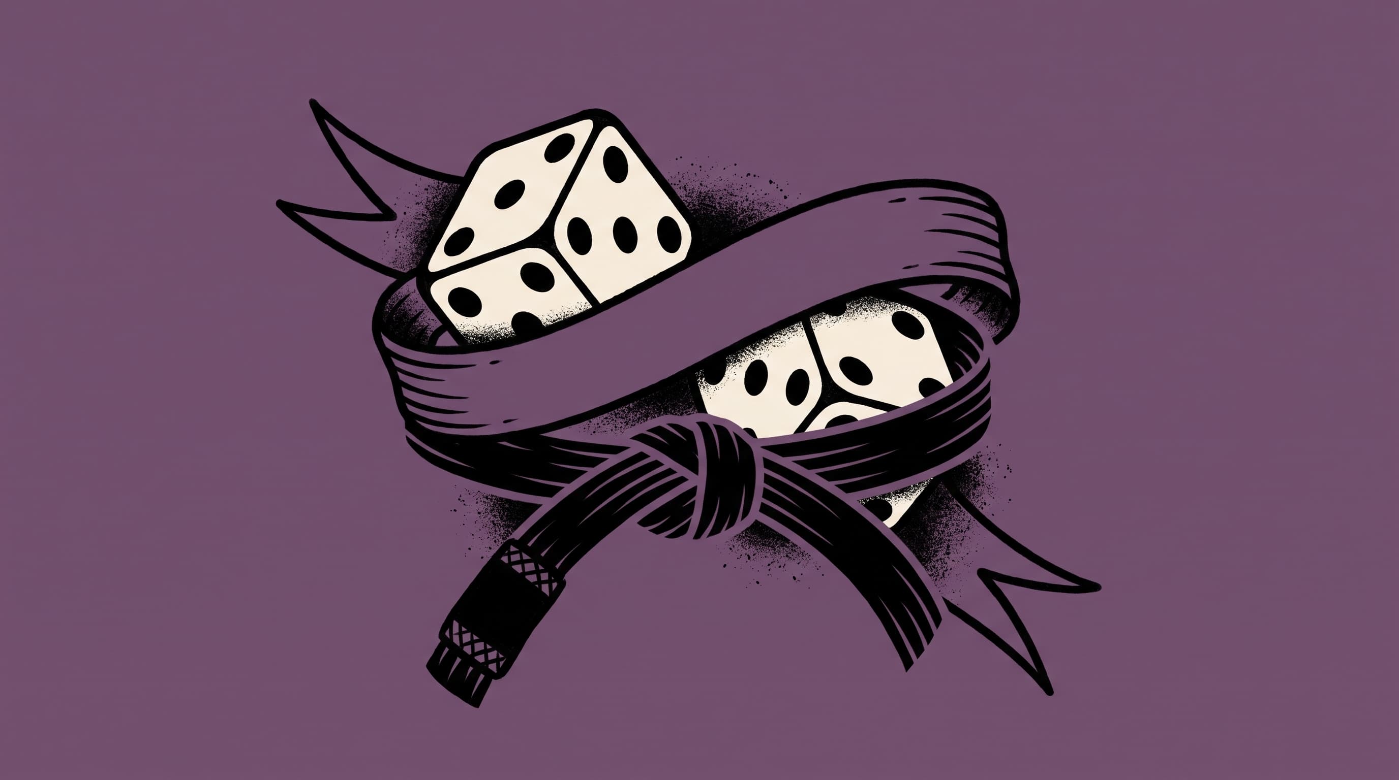 American traditional tattoo illustration of cream dice wrapped in a curling black belt on a muted plum field