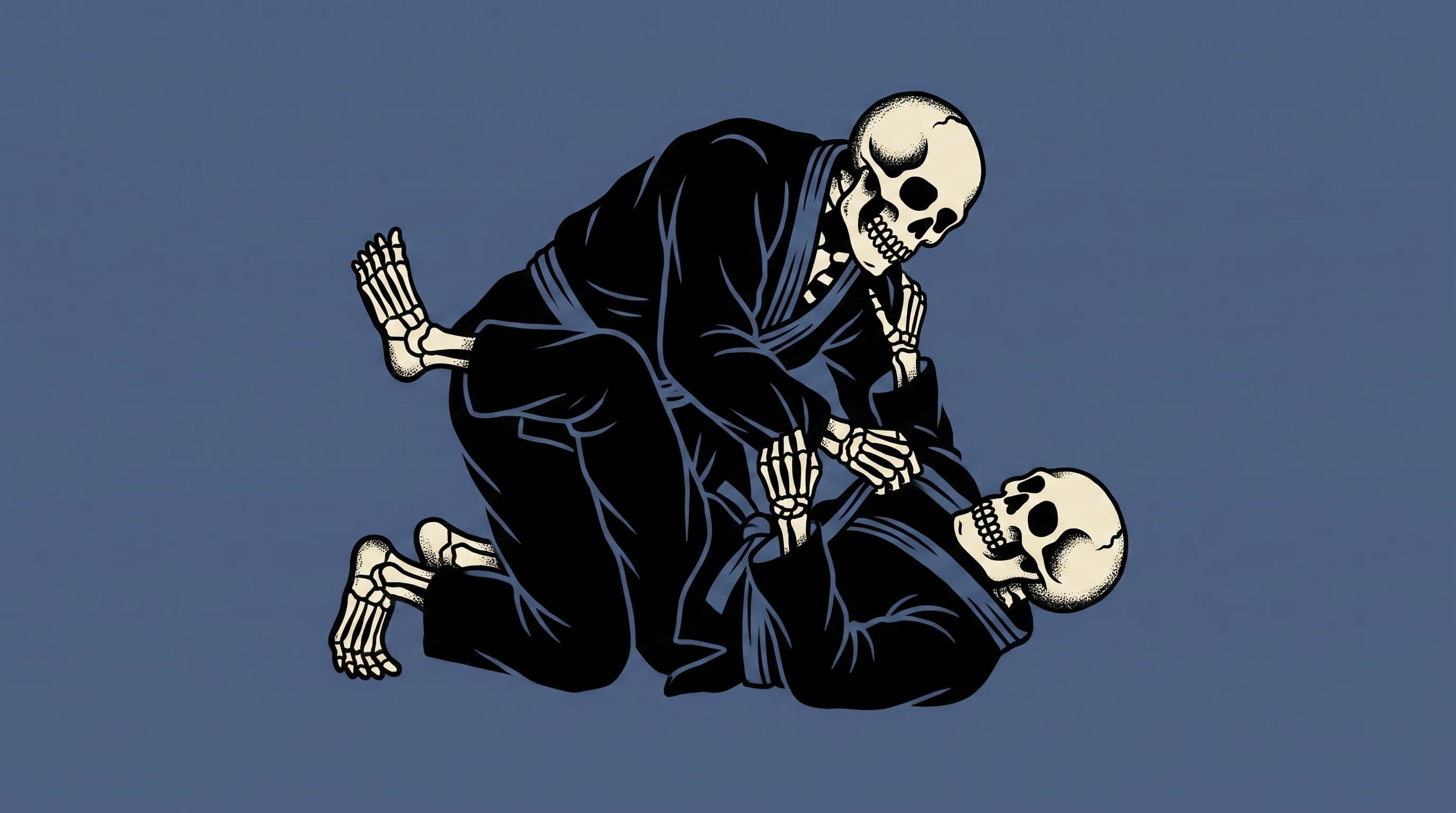 American traditional tattoo illustration of two skeletons in black gis grappling on the ground on a dusty indigo field