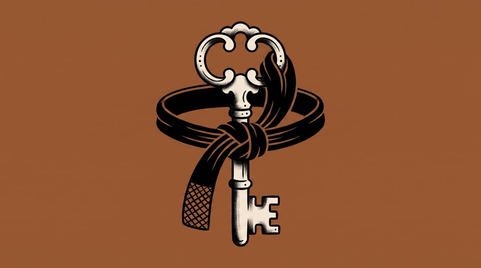 American traditional tattoo illustration of a cream skeleton key with a black belt knotted around its bow on a burnt umber field