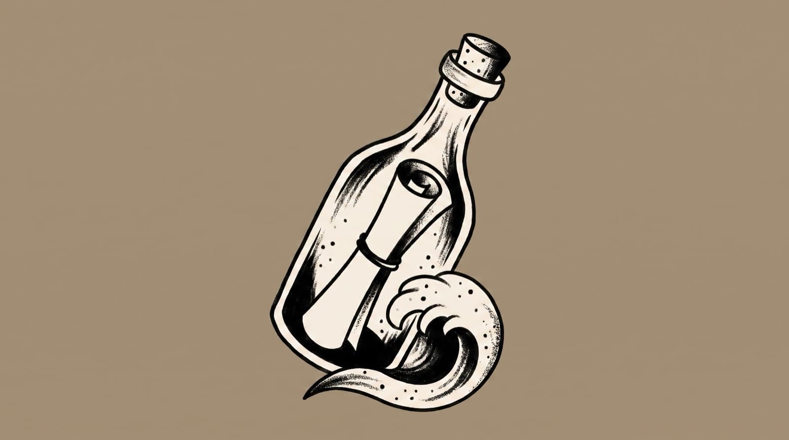 American traditional tattoo illustration of a corked message bottle holding a rolled blank scroll riding a cream wave on a warm stone field