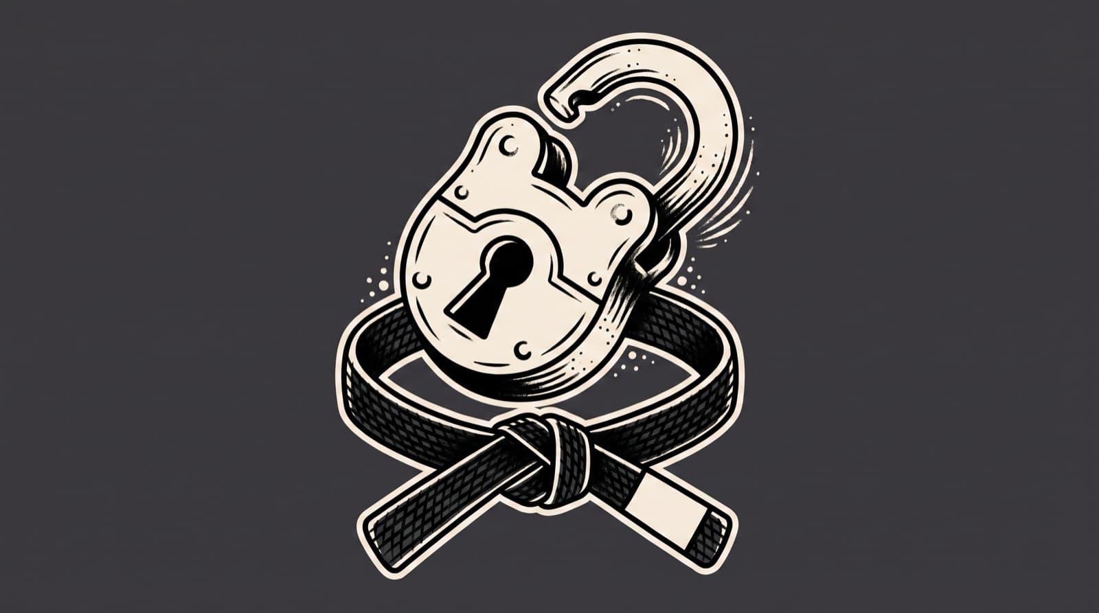 American traditional tattoo illustration on deep charcoal of a heavy cream padlock with its shackle open and a black belt threaded through
