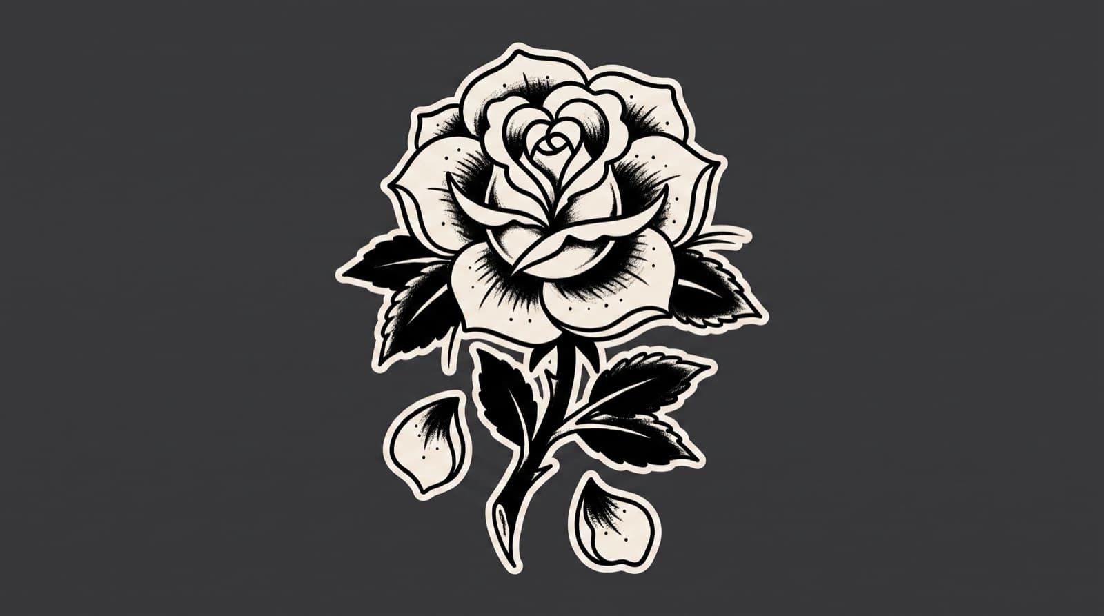 American traditional tattoo illustration on deep charcoal of a cream rose dropping three petals